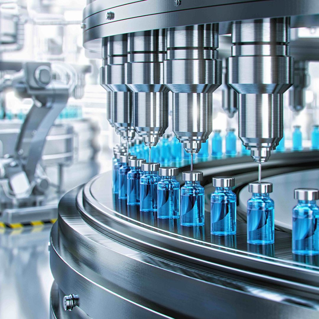 drug manufacturing process. conveyor with medical ampoules line